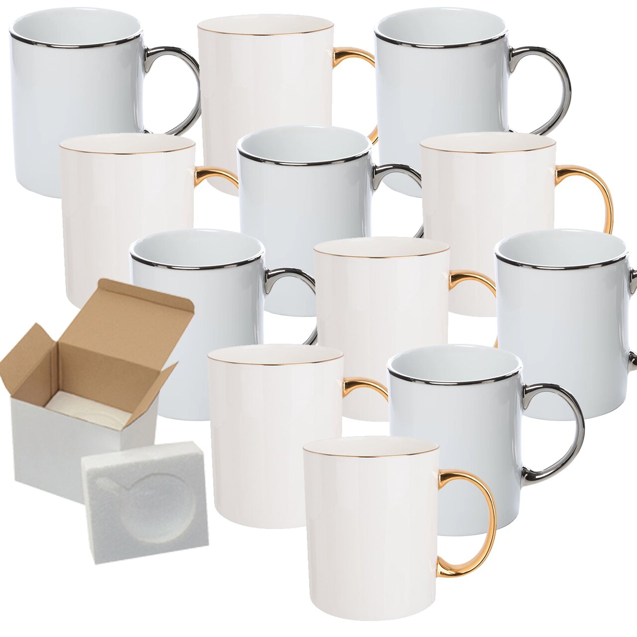 12 Pack of 11OZ MIXED GOLD & SILVER Rim & Handle Sublimation Ceramic Mugs - Professional Grade - Cardboard Box with Foam Supports